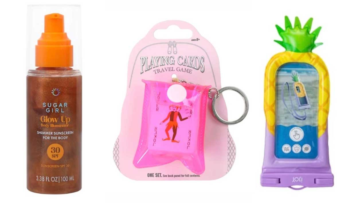 From left to right: a bottle of Sugar Girl Glow Up shimmer sunscreen, a pink playing cards travel game keychain, and a pineapple-shaped handheld water ring-toss game—these are perfect five below finds for summer fun.