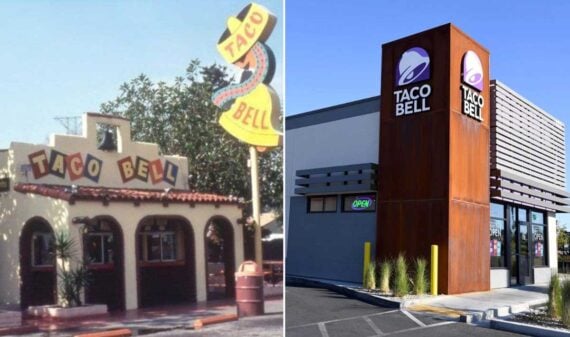 Side-by-side image of an old Taco Bell with a Spanish-style design and a modern Taco Bell with a sleek, contemporary exterior and updated signage.