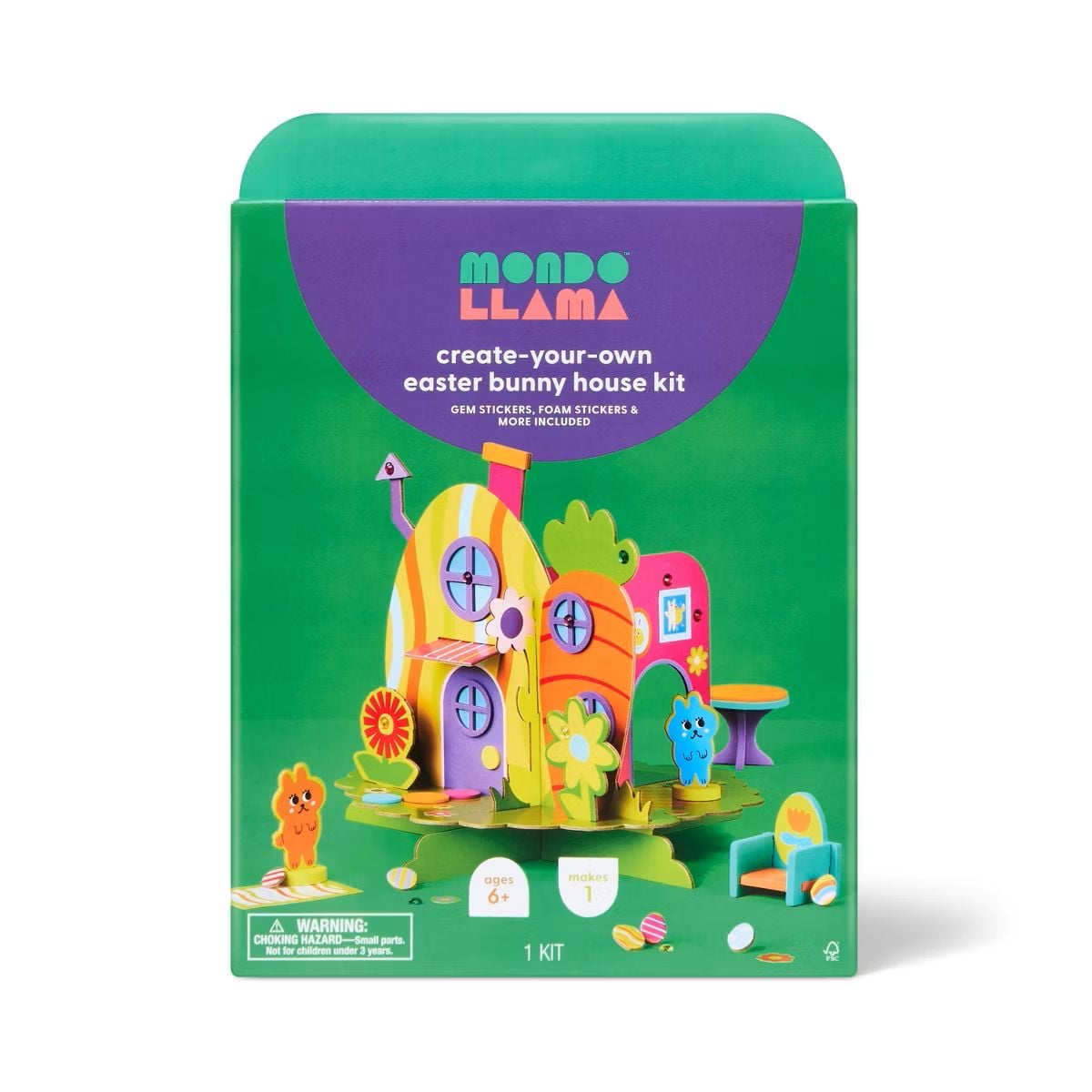 A colorful box labeled "Mondo Llama Create-Your-Own Easter Bunny House Kit" features an illustrated Easter bunny house with flowers and bunny shapes on a green background. Kit is for ages 6+ and includes gem stickers.