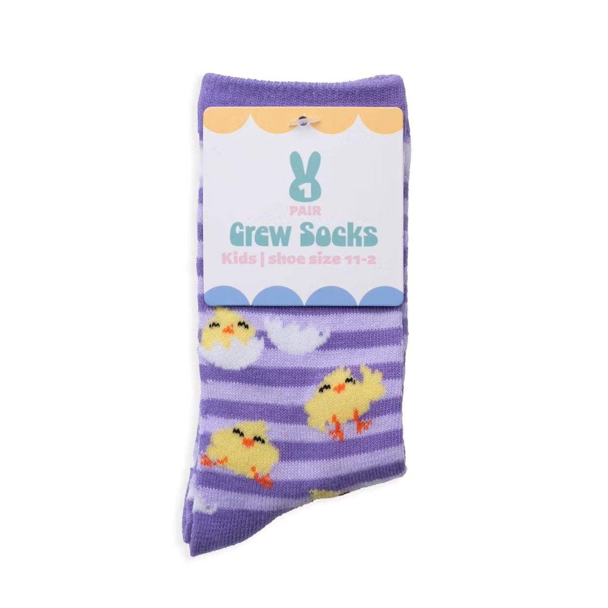 A pair of purple crew socks for kids, shoe size 11–2, featuring yellow chicks and white eggs with purple stripes, displayed with packaging labeled "Crew Socks.