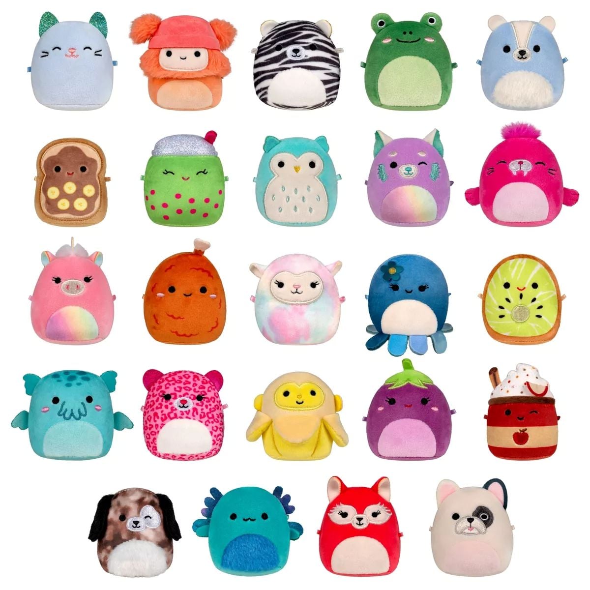 A collection of 25 colorful, plush toy characters arranged in a grid, featuring various animals and foods such as a frog, owl, fox, dog, kiwi, toast, and boba tea, each with cute, smiling faces.