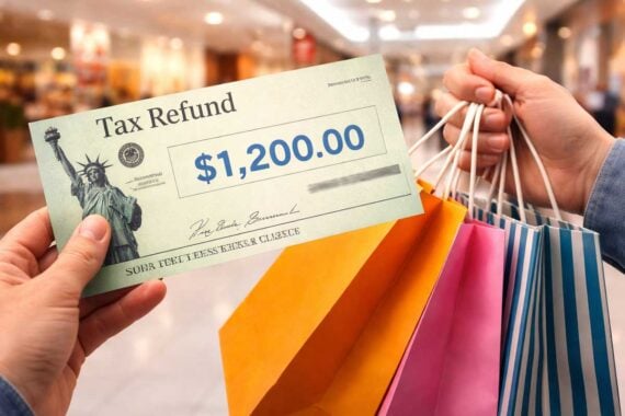 A person holds a $1,200 tax refund 2026 check in one hand and several colorful shopping bags in the other inside a bright, busy shopping mall.