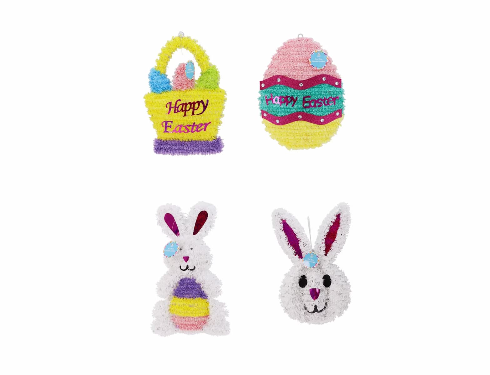 Four sparkly Easter decorations: a yellow basket with eggs and "Happy Easter," a pink and yellow egg with "Happy Easter," a white bunny with a striped belly, and a bunny face, all on a white background.