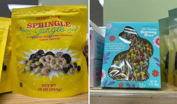 Two Trader Joe&rsquo;s products on display: a yellow bag of &ldquo;Spring Jangle&rdquo; candy treats and a blue box of milk chocolate bunny bar with colorful sprinkles&mdash;perfect picks for any Easter basket&mdash;both seen on a store shelf.