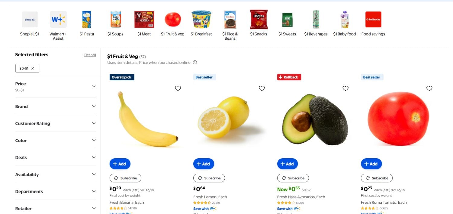 A Walmart online shopping page displays fresh produce: a banana, a lemon half, an avocado, and a tomato. Each item shows its price, add-to-cart button, and labels like "Rollback" or "Best seller" above the product images.