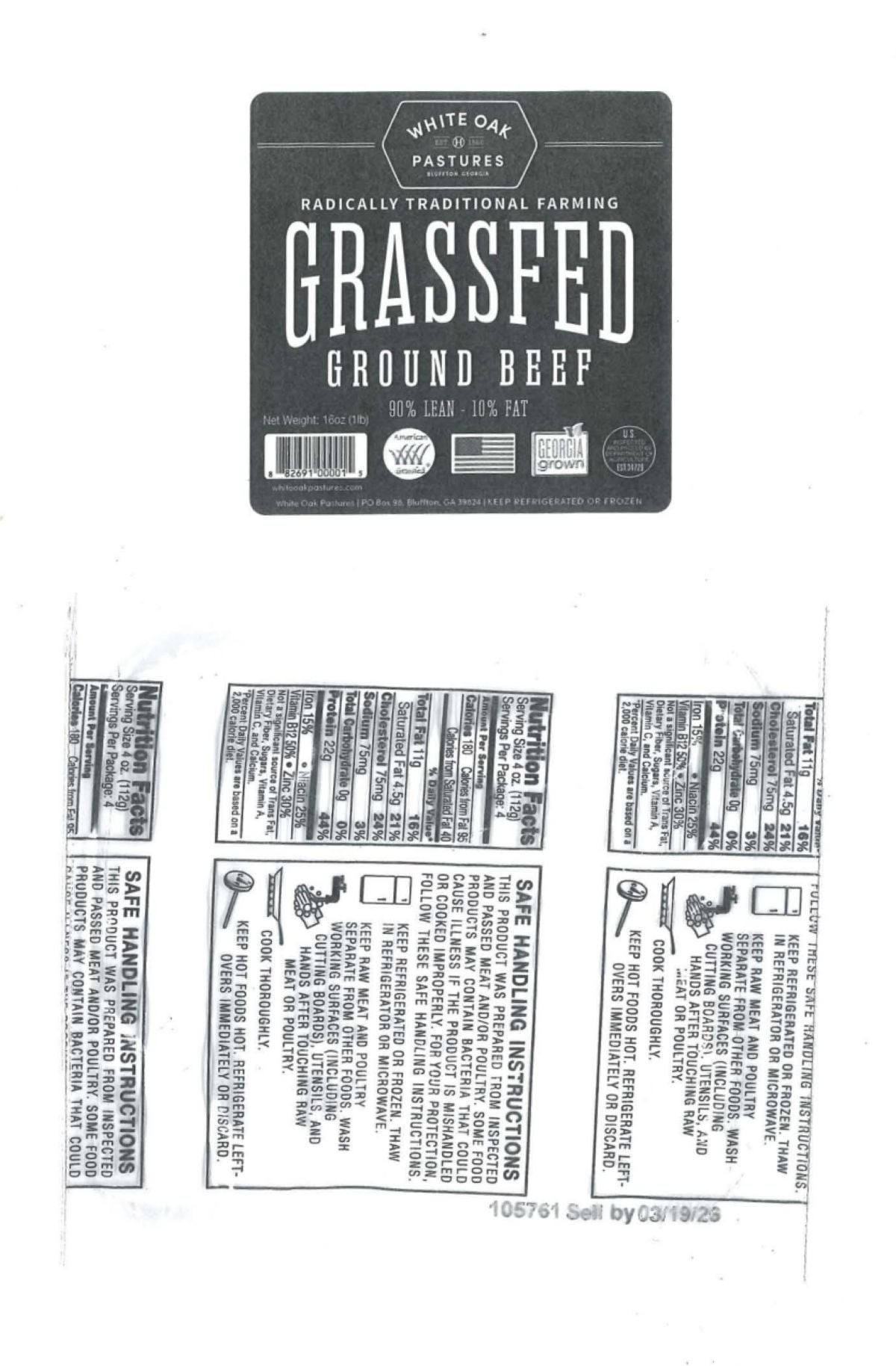 A label for White Oak Pastures Grassfed Ground Beef, 80% lean and 20% fat, is shown above nutrition and handling instruction labels. The product has various certifications and a sell-by date of 03/19/23.
