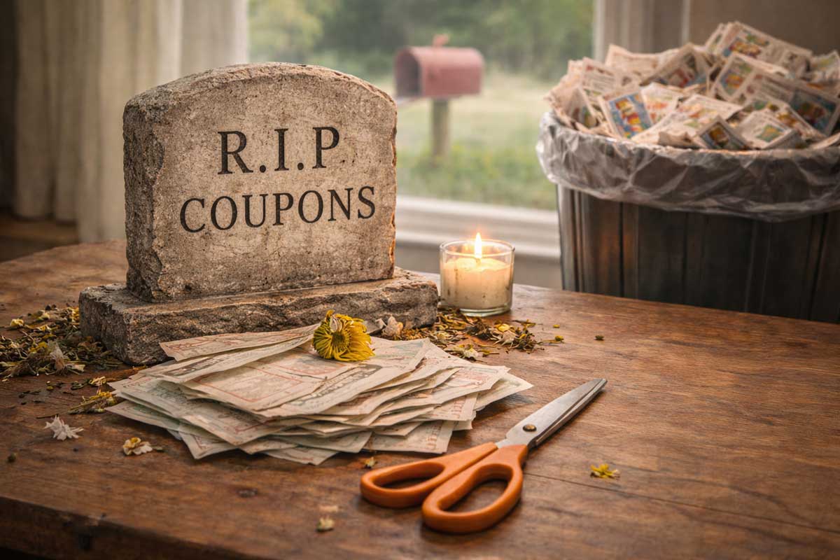 A gravestone reading "R.I.P. Coupons" sits on a table with a pile of cut coupons, scissors, a wilted flower, and a lit candle. In the background, coupons overflow from a trash bin and a mailbox is seen outside.