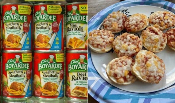 Six cans of Chef Boyardee pasta meals are stacked on the left, while the right shows a plate with several mini pizza bagels topped with cheese and tomato sauce&mdash;classic 1990s middle-class meals in one nostalgic scene.