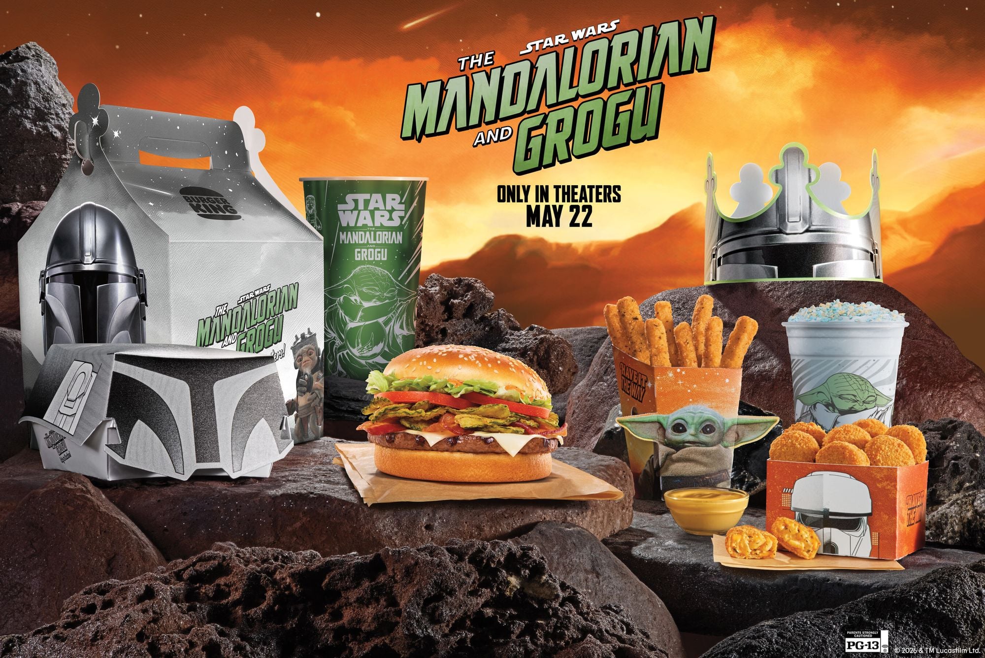 A Mandalorian and Grogu-themed new fast-food menu on a rocky surface, featuring a burger, fries, chicken nuggets, drink, milkshake, themed packaging, and a silver crown—promoting the movie release on May 22.