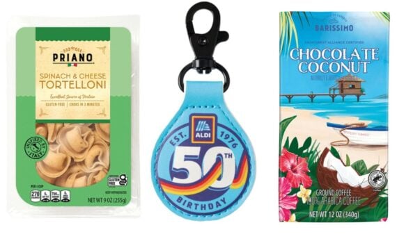 A package of Priano Spinach & Cheese Tortelloni, a blue Aldi 50th birthday keychain, and Barissimo Chocolate Coconut ground coffee with a tropical beach illustration&mdash;discover these new Aldi products April 15.