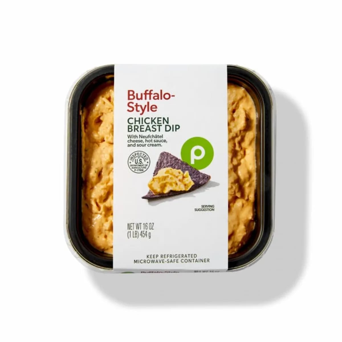 A container of Publix Buffalo-Style Chicken Breast Dip with a label showing a chip dipped in the creamy orange spread. The label highlights the use of Neufchâtel cheese and shows a green Publix logo.
