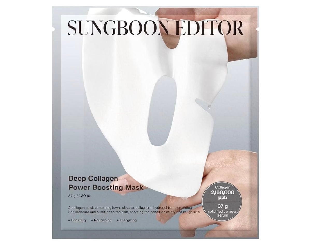 A hand holds a white sheet mask above a packet labeled "SUNGBOON EDITOR Deep Collagen Power Boosting Mask," featuring collagen details and benefits like boosting, nourishing, and energizing skin—perfect for thoughtful Mother's Day gifts.