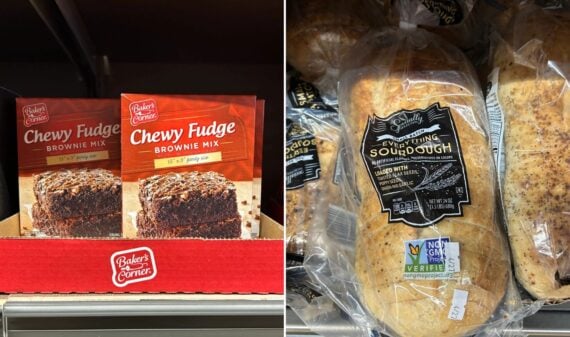 Two shelves: on the left are boxes of Baker&rsquo;s Corner Chewy Fudge Brownie Mix, and on the right are loaves of non-GMO everything sourdough bread&mdash;perfect finds if it&rsquo;s your first time at ALDI.