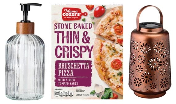 A glass soap dispenser with a black pump, a box of Mama Cozzi&rsquo;s Stone Baked Thin & Crispy Bruschetta Pizza&mdash;one of the new Aldi products April 8&mdash;and a decorative bronze lantern with a floral cutout design sit side by side against a white background.
