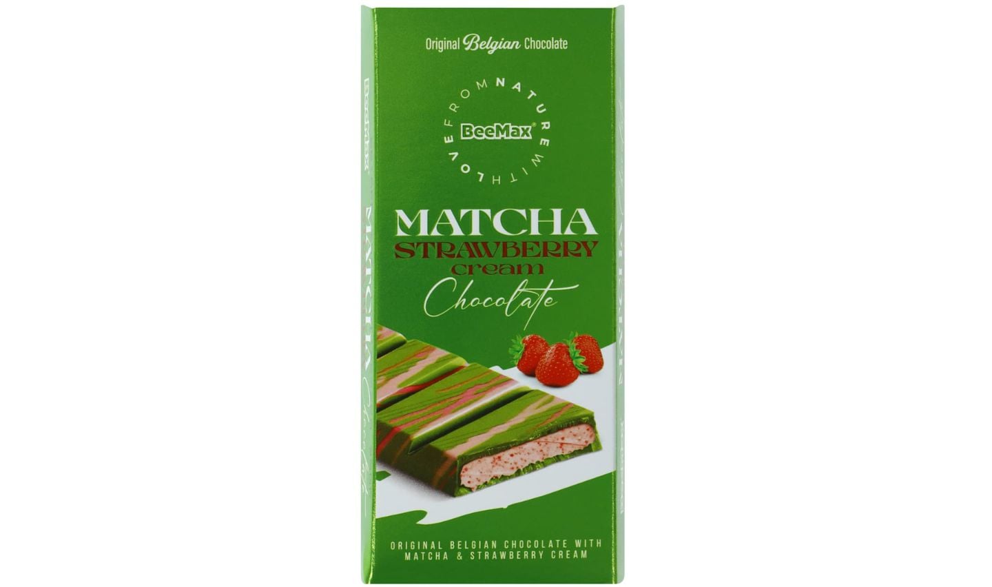 Green chocolate bar packaging labeled "BeeMax Matcha Strawberry Cream Chocolate," featuring new Five Below products. The front displays a chocolate bar with green and pink layers, strawberries, and text about Belgian chocolate with matcha and strawberry cream.