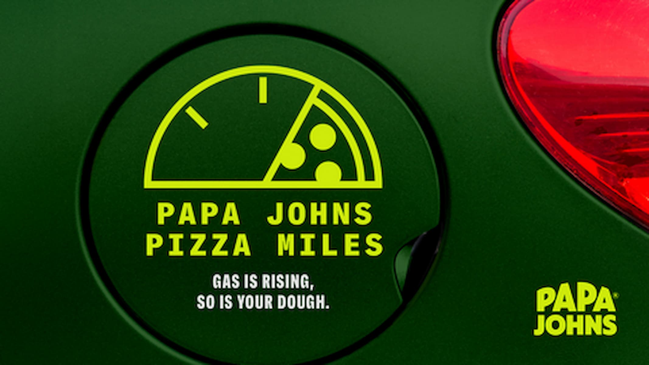 A green car’s gas tank door features a pizza-themed fuel gauge with the text “Papa Johns Pizza Miles.” Below, it says, “Gas is rising, so is your dough.” The Papa Johns logo appears in the lower right corner.