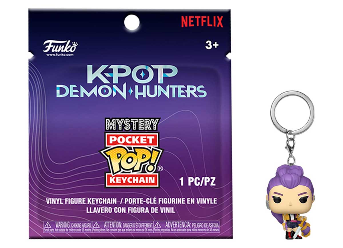 A purple Funko Pop! Keychain figure with a ponytail and black outfit is shown next to a purple K-Pop Demon Hunters Mystery Pocket Pop! Keychain blind bag, featuring new Five Below products by Netflix and Funko for ages 3 and up.