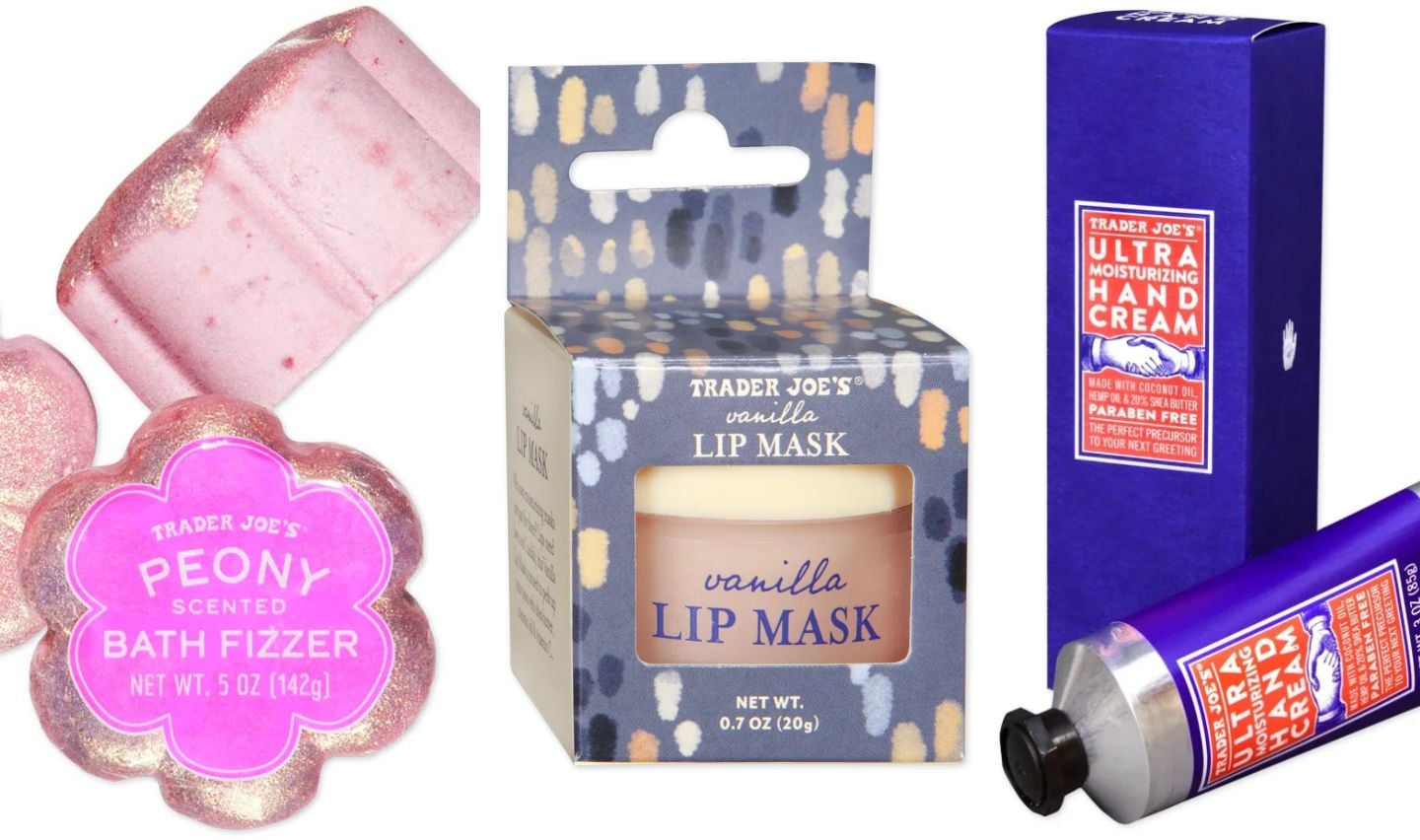 Surprise Mom with trader joe's mother's day gifts like a pink peony bath fizzer, a vanilla lip mask, and an ultra moisturizing hand cream—thoughtful beauty treats she’ll love.