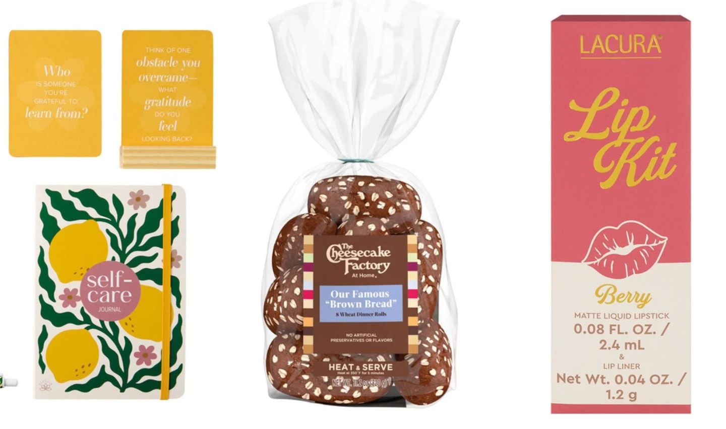 Discover the new Aldi products April 29, including a question card deck, a floral self-care journal, The Cheesecake Factory brown bread rolls, and a Lacura Lip Kit in berry—lipstick and liner in a vibrant pink and yellow box.