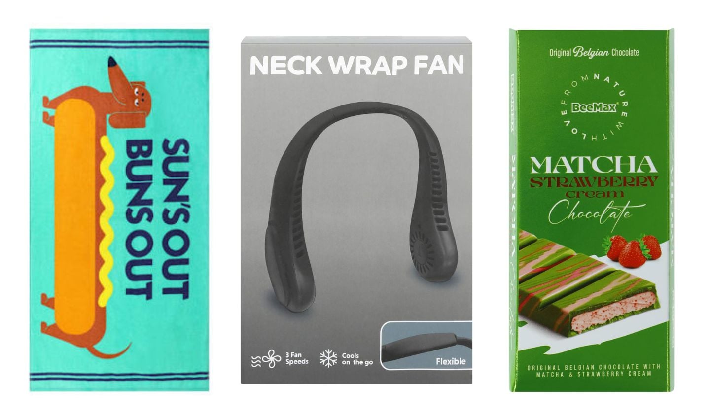 Check out new Five Below products: a colorful towel with a dachshund and "SUN'S OUT BUNS OUT," a black neck wrap fan in a box, and a green box of BeeMax matcha strawberry cream chocolate bar.