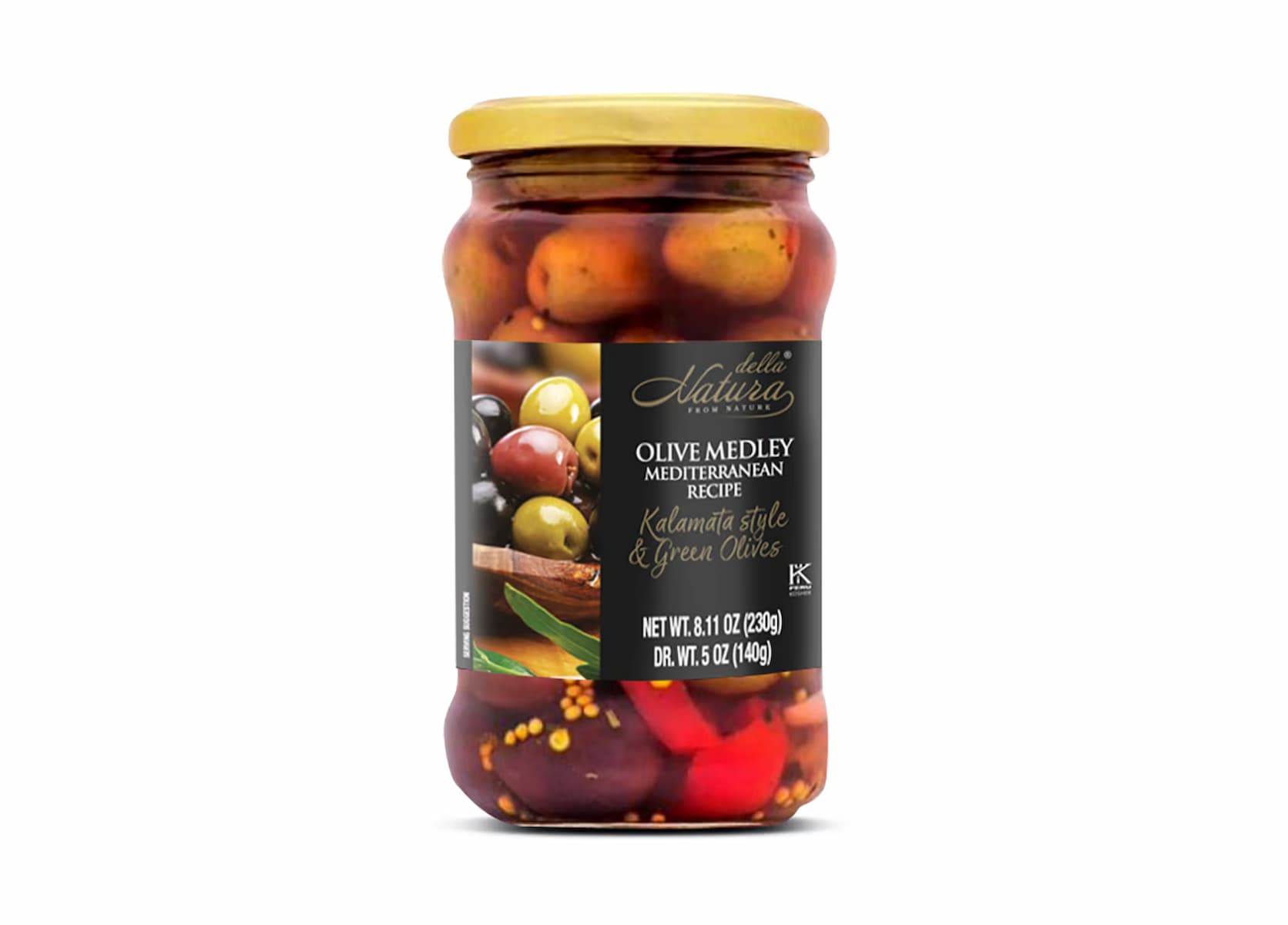 A glass jar filled with a mix of Kalamata-style and green olives in brine, labeled "Olive Medley Mediterranean Recipe." The label also shows images of olives and lists net weight as 8.1 oz (230g).