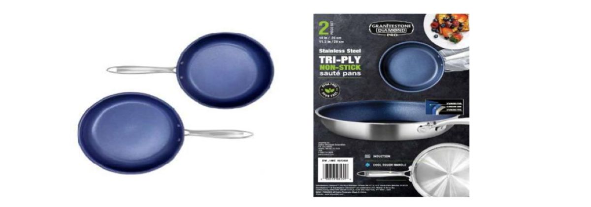 Two blue non-stick stainless steel sauté pans with silver handles are shown next to their packaging, which displays images of the pans, product details, and features.