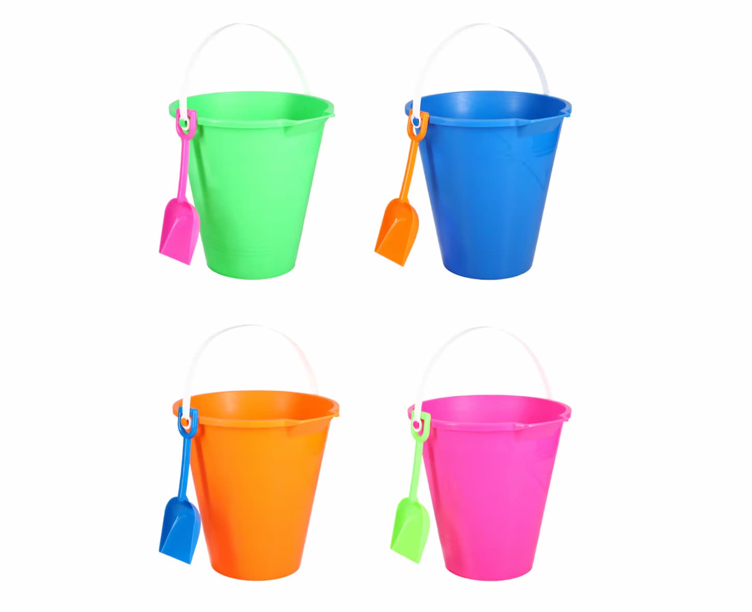 Four colorful plastic beach buckets, each with a matching shovel attached to the handle. Buckets are green with a pink shovel, blue with an orange shovel, orange with a blue shovel, and pink with a green shovel.