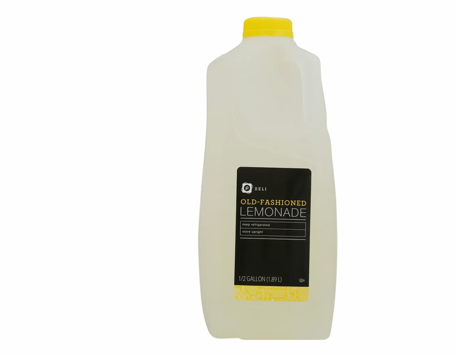 A half-gallon plastic jug of old-fashioned lemonade with a yellow cap and a black label, displaying product information in white and yellow text, against a white background.