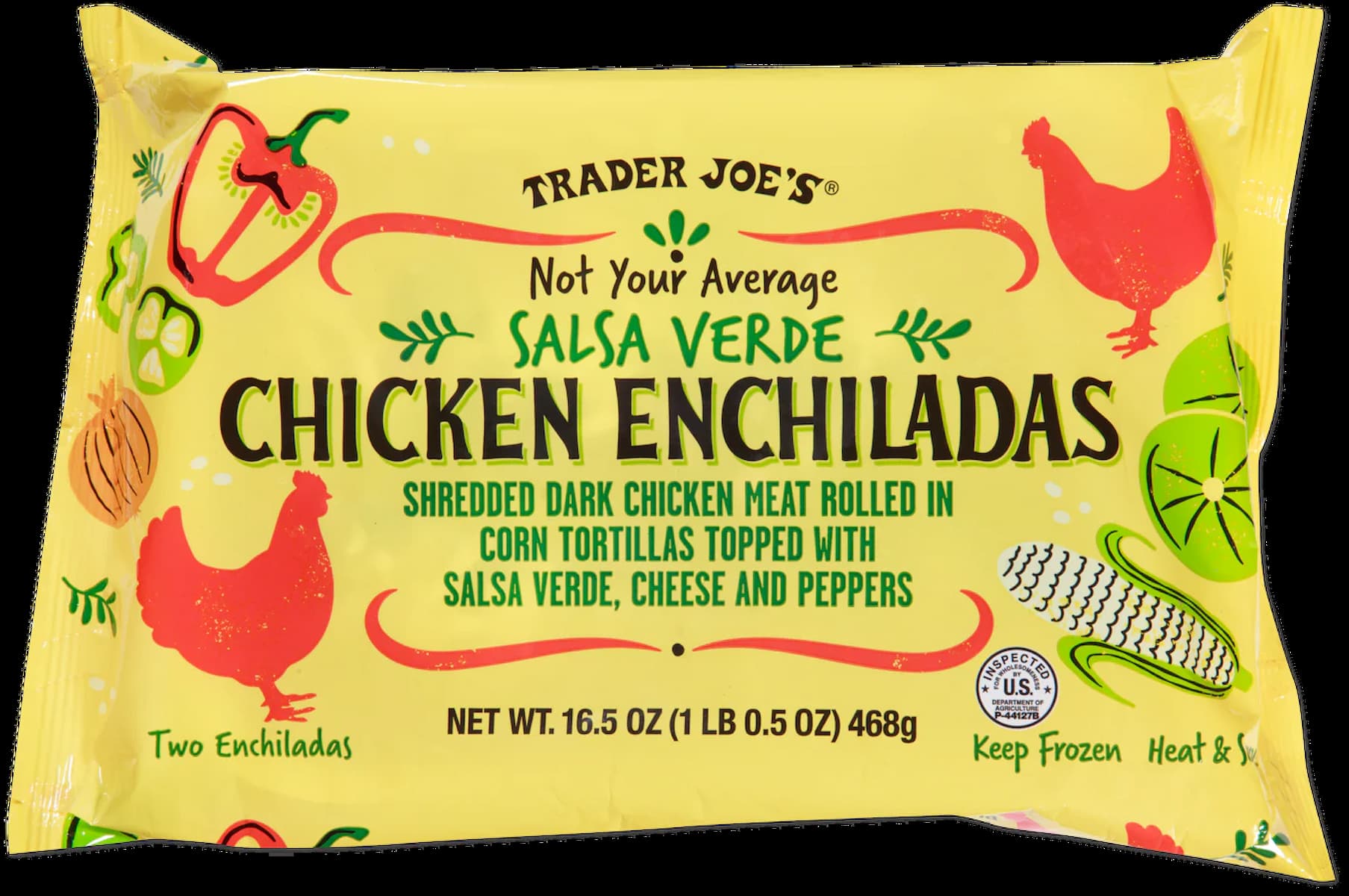 A yellow package of Trader Joe's Salsa Verde Chicken Enchiladas, featuring illustrations of peppers, cheese, and corn. The package describes the contents as shredded dark chicken in corn tortillas with salsa verde, cheese, and peppers.
