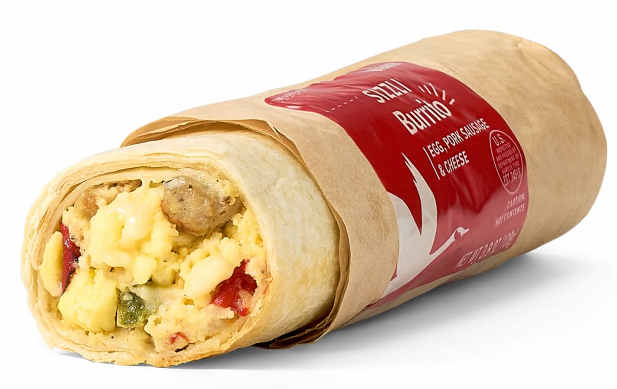A breakfast burrito wrapped in paper, filled with scrambled eggs, pork sausage, cheese, and vegetables, with a visible red label partially covering the wrap.