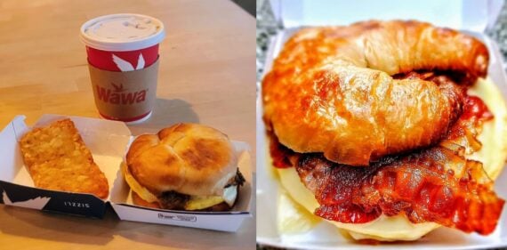 A Wawa coffee cup and breakfast sandwich with a hash brown in a takeout box sit on a table, alongside a close-up of a croissant sandwich with egg, cheese, and bacon.