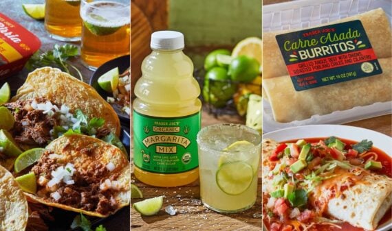 A festive collage for Trader Joe's Cinco de Mayo, showing tacos with lime and onions, a margarita glass with bottle of mix, and a packaged carne asada burrito beside a saucy, guacamole-topped burrito.
