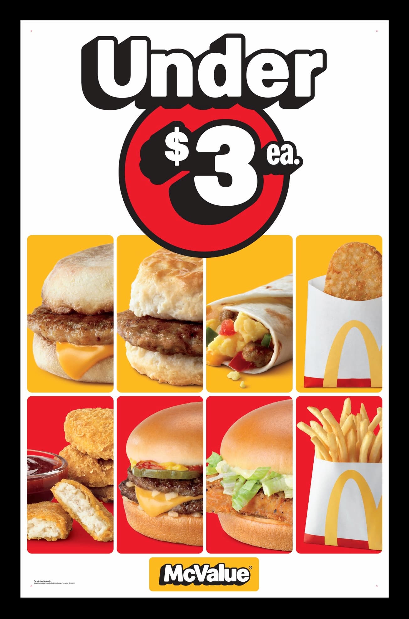 A McDonald's poster displays several breakfast and lunch items, each costing under $3. Pictured are a sausage biscuit, sausage muffin, breakfast wrap, hash brown, chicken nuggets, cheeseburger, McChicken, and fries.