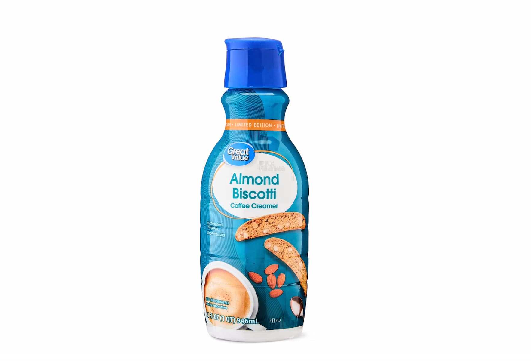 A blue bottle of Great Value Almond Biscotti Coffee Creamer with images of biscotti, almonds, and a cup of coffee on the label. The bottle has a blue cap and contains 32 fl oz (946 mL).