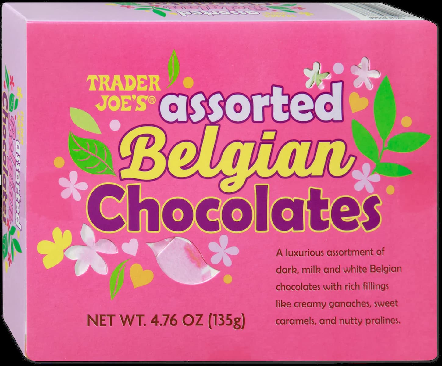 A pink box of Trader Joe’s assorted Belgian chocolates, featuring colorful leaves and flowers, with text describing the mix of dark, milk, and white chocolates with rich fillings. Net weight is 4.76 oz (135g).