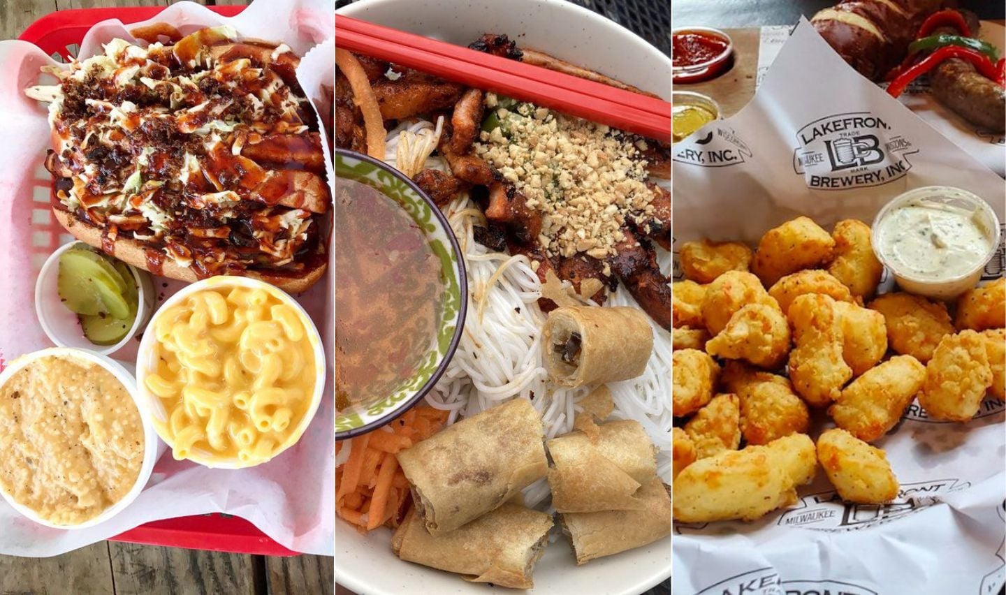 Three images of meals from cheap restaurants in every state: loaded fries with mac and cheese, noodle salad with grilled meat and spring rolls, and crispy fried cheese curds with dipping sauce.