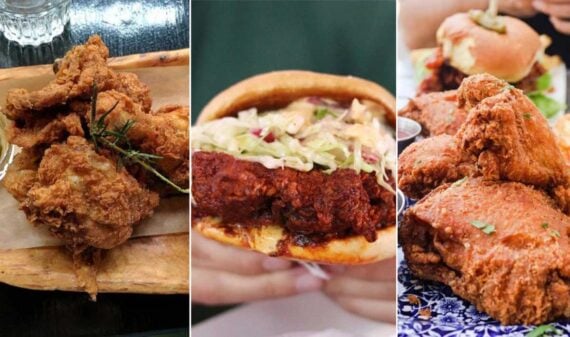 A collage of three images: crispy fried chicken pieces on a wooden board, a spicy fried chicken sandwich with slaw held in hands, and more fried chicken on a blue-patterned plate&mdash;showcasing the best fried chicken in every state.