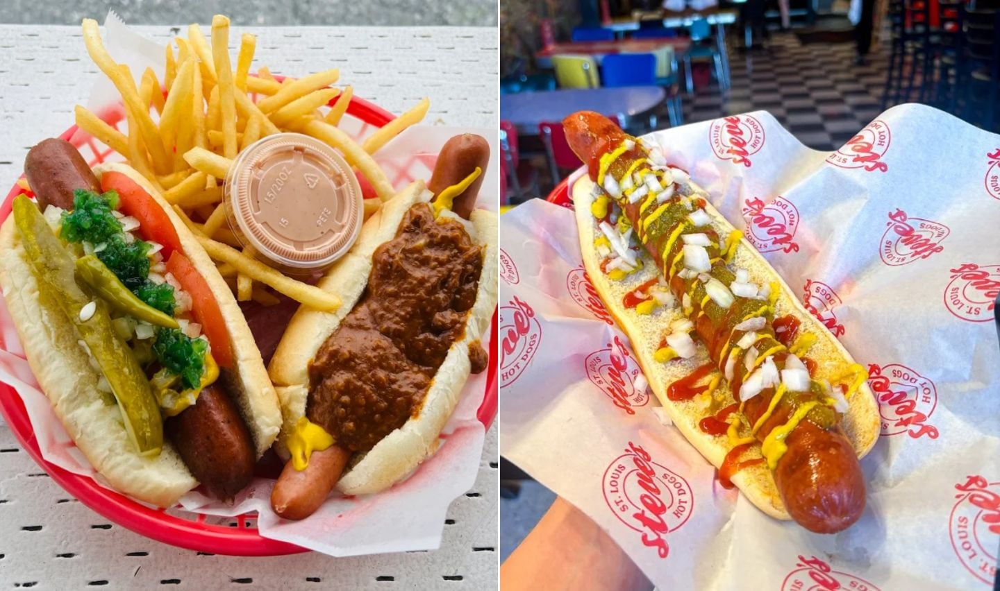 A split image showcases some of the best hot dogs in every state: on the left, two hot dogs with fries—one topped with relish and pickles, the other with chili—and a dipping sauce; on the right, a classic with onions, mustard, and ketchup.