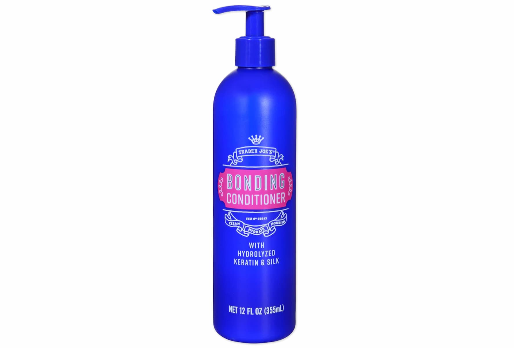 A blue pump bottle of Trader Joe's Bonding Conditioner with hydrolyzed keratin and silk, containing 12 fl oz (355 mL). The label is pink and white with decorative accents.