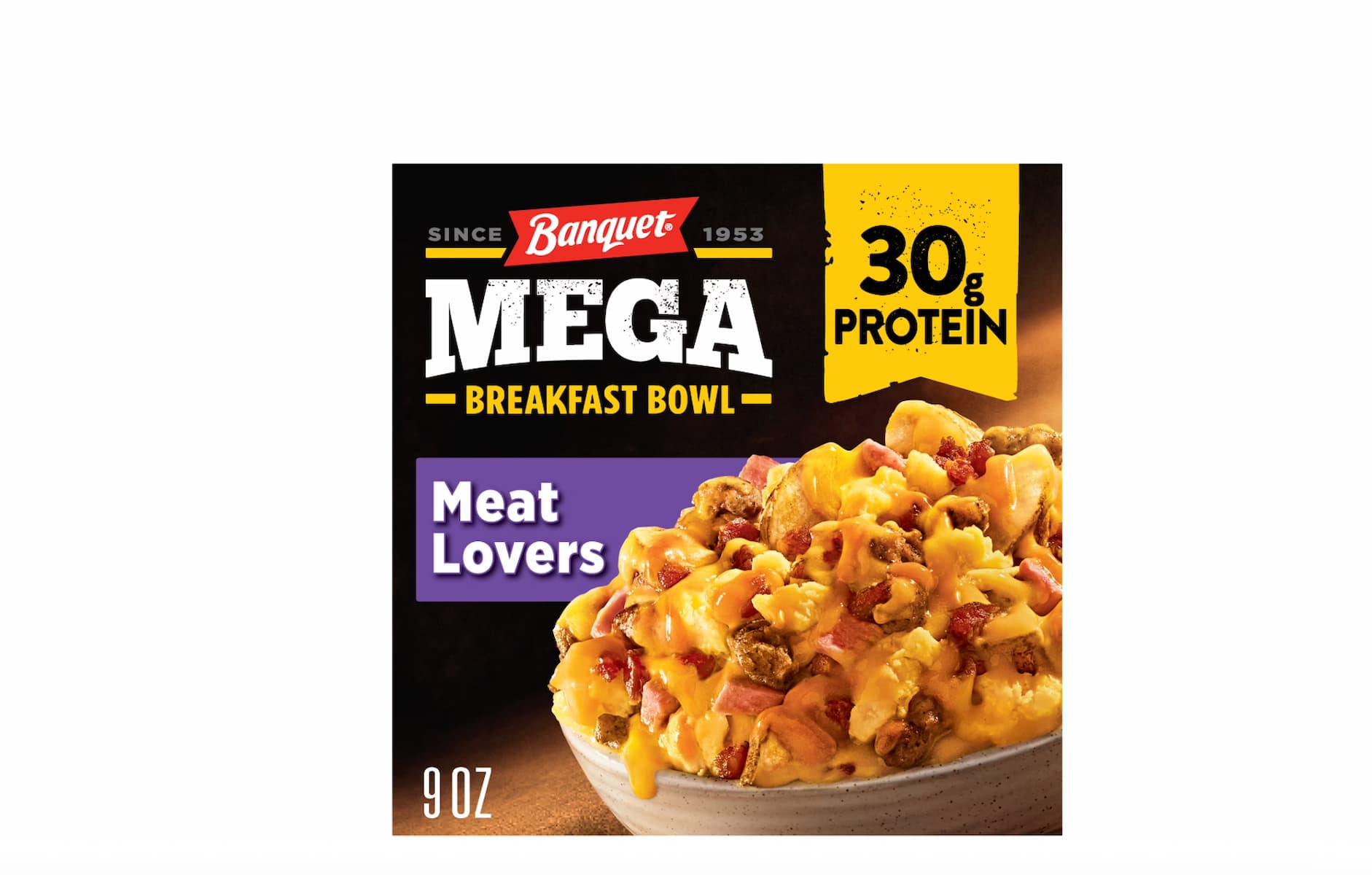 A box of Banquet Mega Breakfast Bowl, Meat Lovers variety, featuring a bowl of cheesy scrambled eggs, bacon, sausage, and potatoes. The packaging highlights 30g protein and a 9 oz serving size.