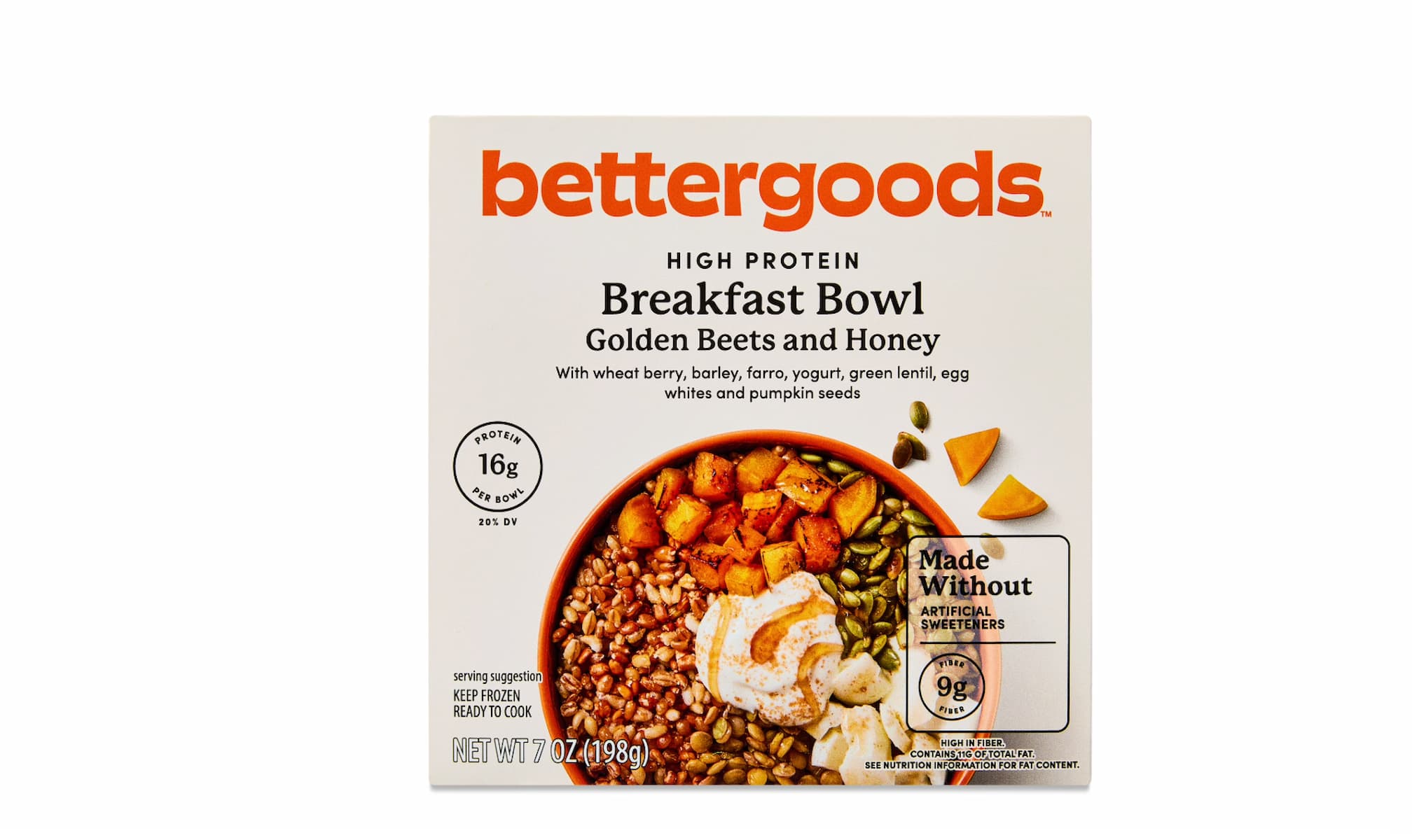 A box of bettergoods High Protein Breakfast Bowl, Golden Beets and Honey flavor. The packaging highlights 16g protein per bowl, no artificial sweeteners, and shows a photo of the bowl with grains, beets, and yogurt.