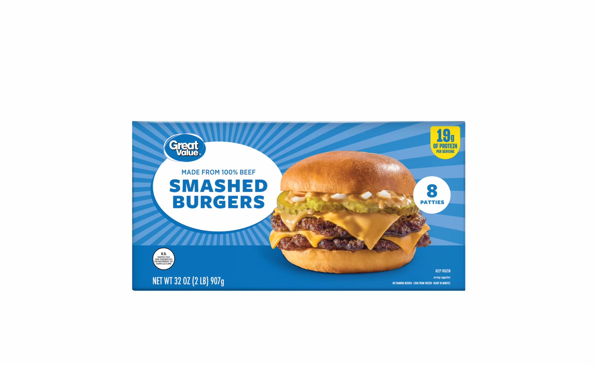 A box of Great Value Smashed Burgers featuring an image of a cheeseburger with lettuce, onions, and sauce. The package highlights 19g of protein per serving and contains 8 patties, with a net weight of 32 oz (907g).