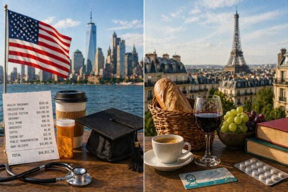A split image shows a table with American symbols, a bill, and the NYC skyline on the left, and French food, books, and the Eiffel Tower in Paris on the right, highlighting how some things are cheaper in Europe vs US.