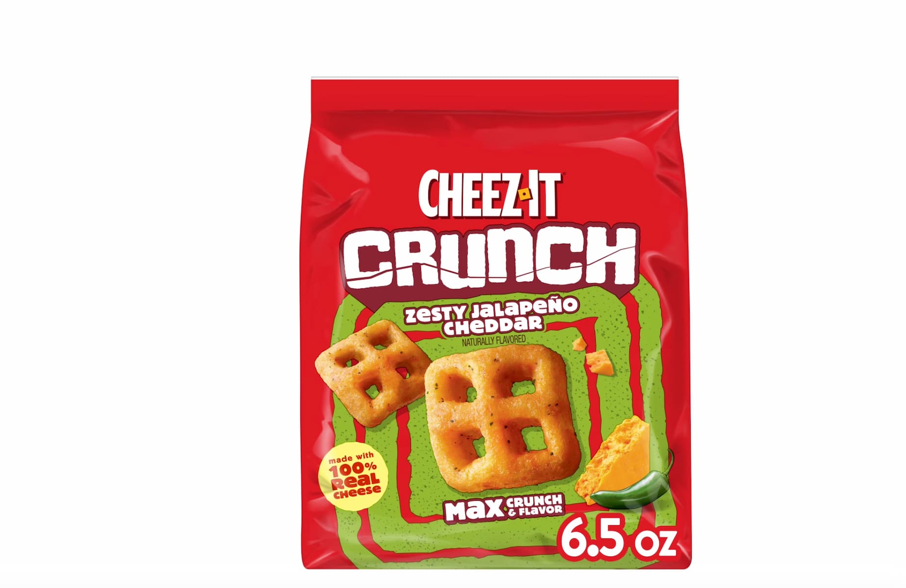 A red 6.5 oz bag of Cheez-It Crunch Zesty Jalapeño Cheddar snacks, featuring two crunchy square crackers and cheese with a jalapeño slice on the green and red packaging.