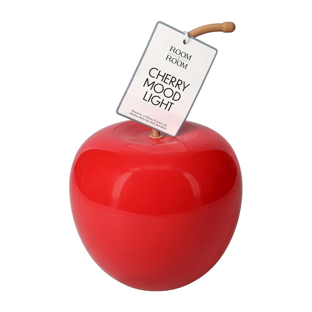 A large, glossy red object shaped like a cherry with a brown stem and a tag that reads "Room Room Cherry Mood Light," inspired by new Five Below products.