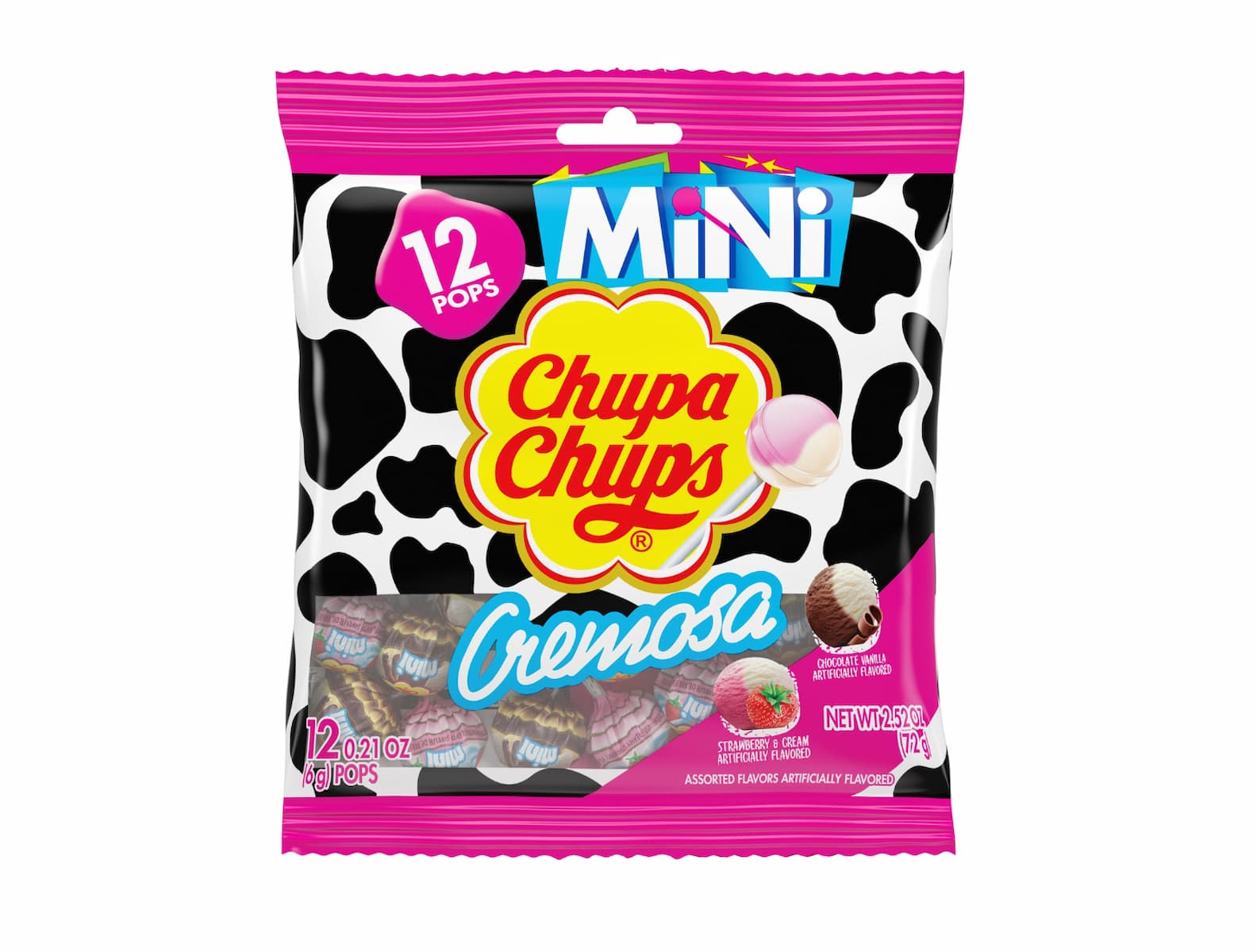 A bag of Chupa Chups Mini Cremosa lollipops with a cow print design, pink accents, and a yellow logo. The bag contains 12 assorted pops and features images of lollipops in chocolate and strawberry flavors.