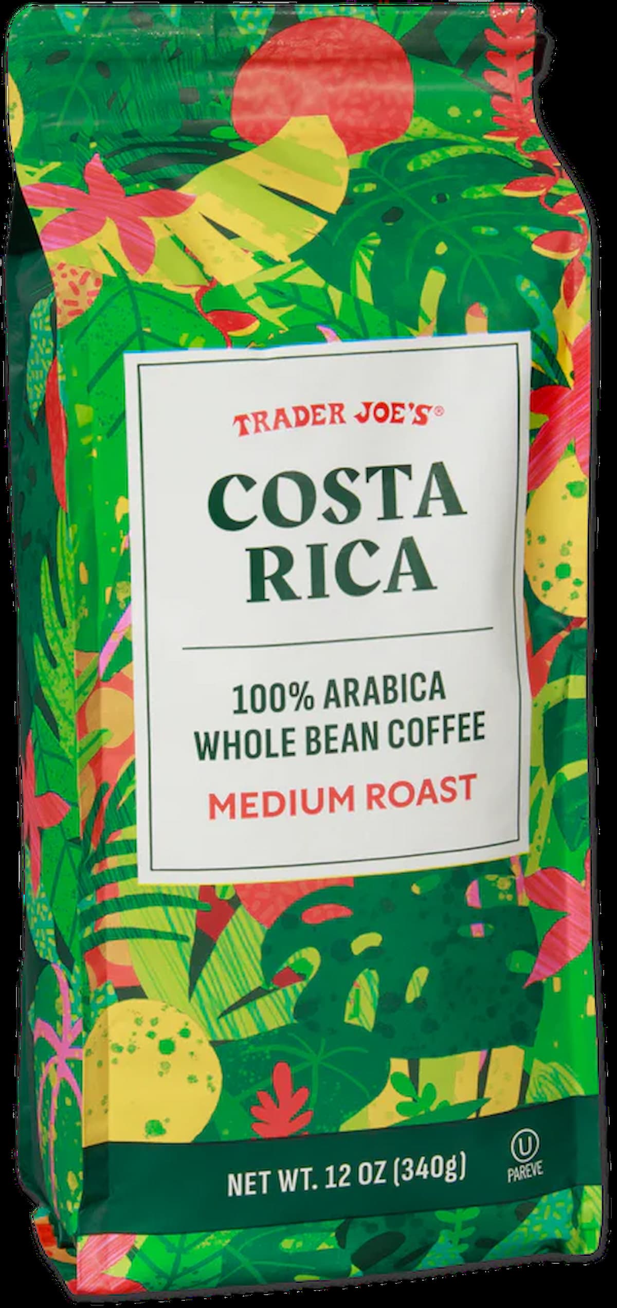 A colorful bag of Trader Joe’s Costa Rica 100% Arabica whole bean coffee, medium roast, 12 oz, with a leafy green and yellow tropical design and a white label on the front.