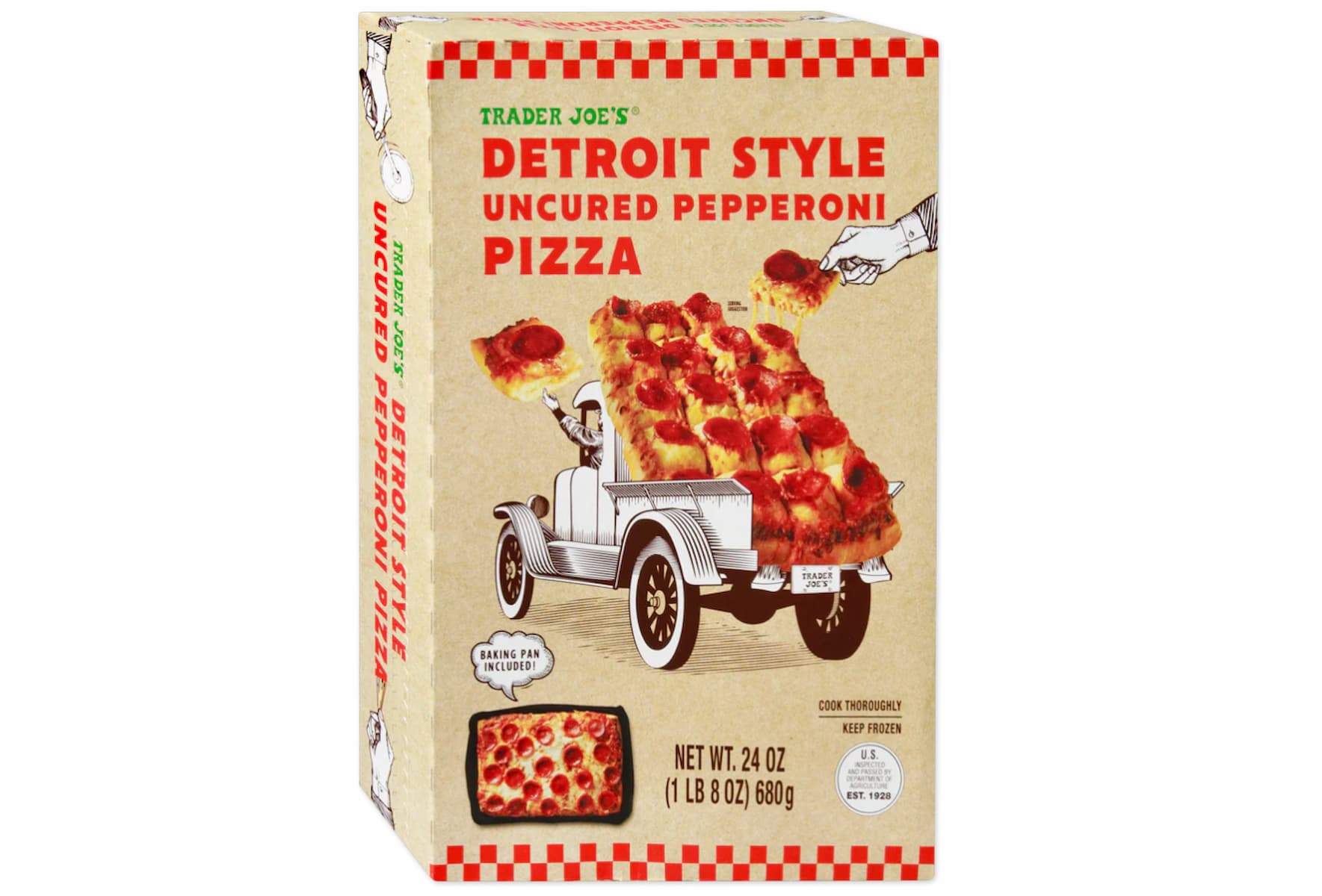 Box of Trader Joe’s Detroit Style Uncured Pepperoni Pizza with an illustration of a vintage car carrying a large slice of pizza and smaller slices, and product details at the bottom.