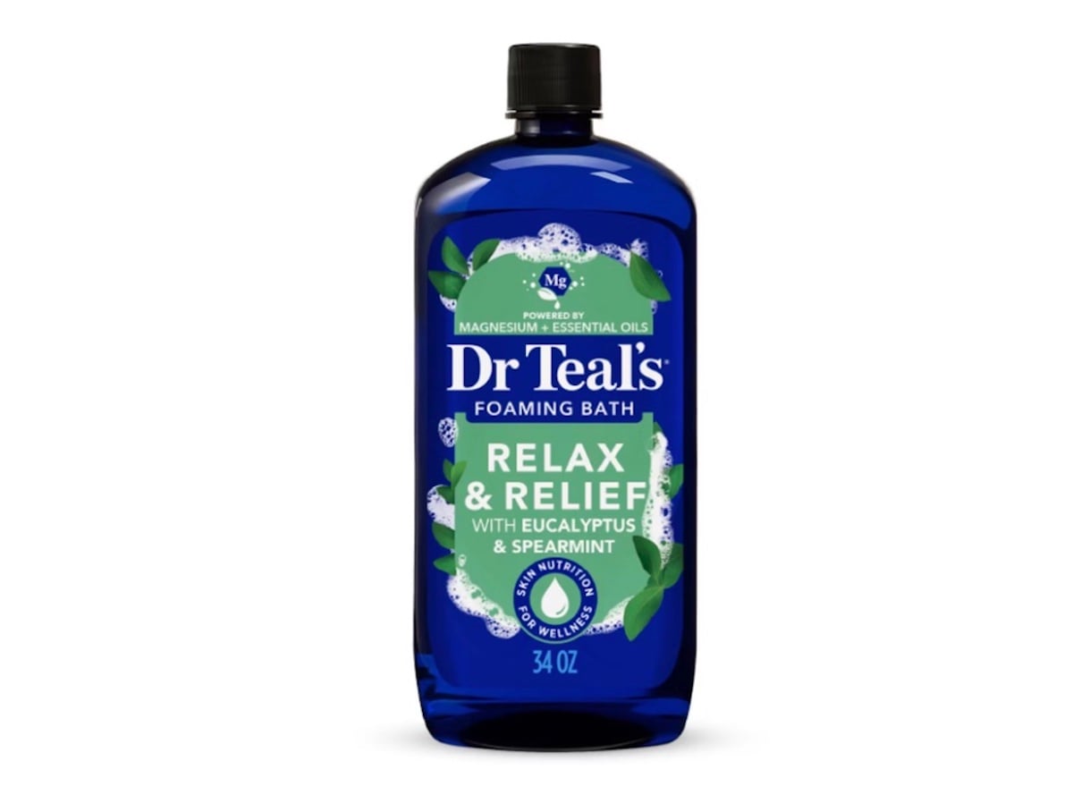 A blue 34 oz bottle of Dr Teal's Foaming Bath labeled "Relax & Relief with Eucalyptus & Spearmint," featuring green leaves and bubbles—perfect for thoughtful Mother's Day gifts.