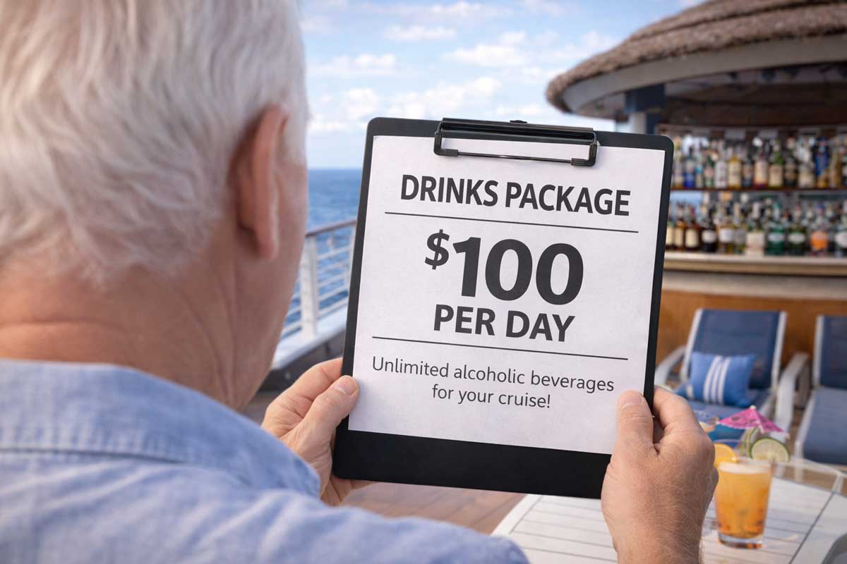 A man on a cruise ship holds a clipboard with a sign that reads, "DRINKS PACKAGE $100 PER DAY—Unlimited alcoholic beverages for your cruise!" highlighting special offers and cruise fees, with a bar and ocean seen in the background.
